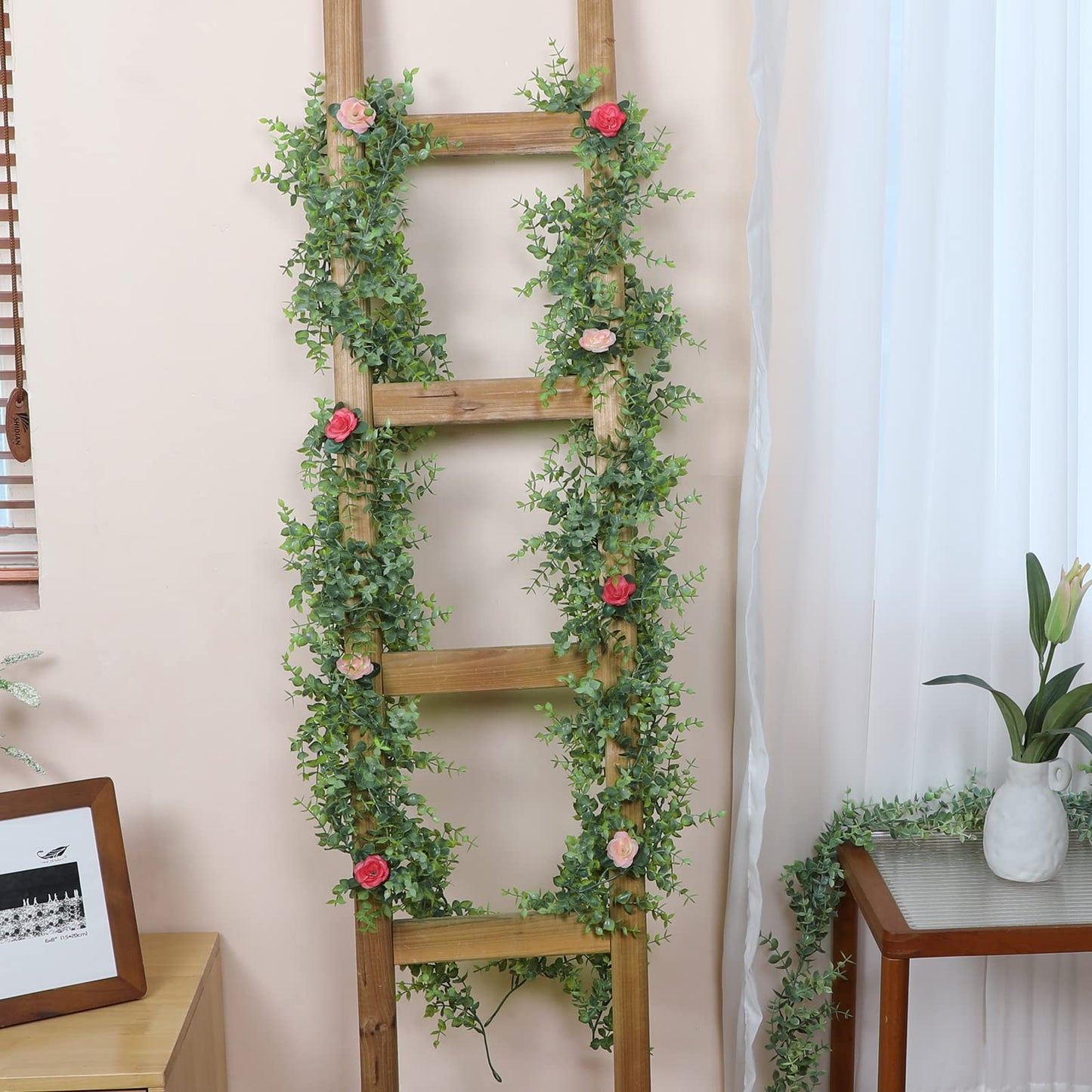 Dolicer 2 Packs Eucalyptus Garland with LED Lights String, 12Ft Faux Eucalyptus Greenery Garland, Artificial Hanging Green Eucalyptus Leaves Vine Wedding Backdrop Arch Wall Table Decor (Grey Green)