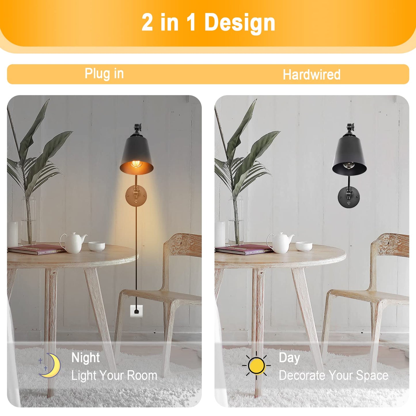 HOXIYA DIMMABLE Swing Arm Plug in Wall Lamps Set of 2, Plug-in Wall Sconce with Dimmer Switch Cord, Matte Black Metal Industrial Reading Light Fixture Wall Mounted for Bedside Bedroom Living Room