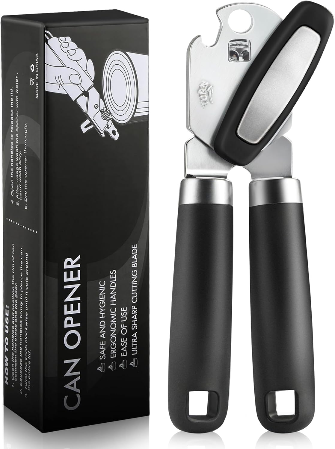 Multifunctional Can Opener - Heavy Duty Manual Tool with Smooth Cutting Edge | Ideal for Seniors & Camping - Black