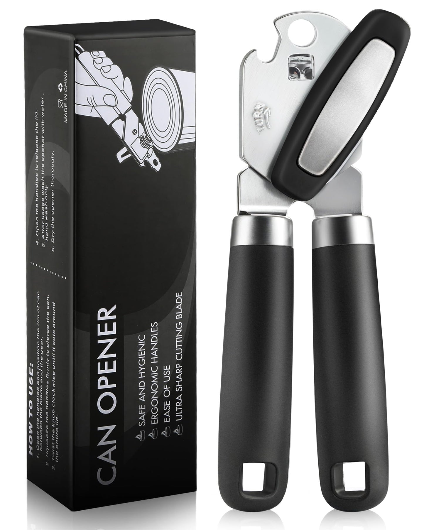 Multifunctional Can Opener Manual, Durable Heavy Duty Handheld Strong Can Opener with Smooth Cutting Edge, Friendly Kitchen Essentials Tool for Seniors, Camping and Bottle Opening-Black