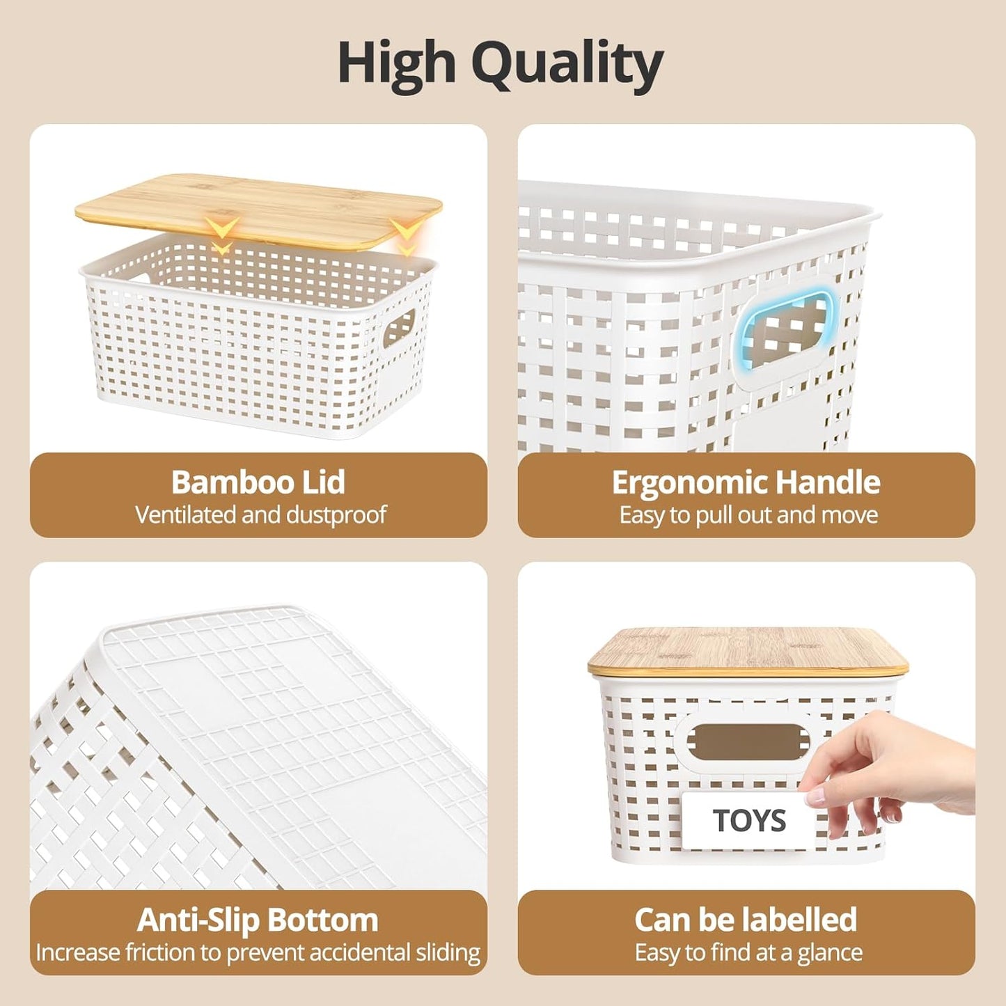 Plastic Storage Baskets - Stackable Organizing Bins with Bamboo Lids | 6-Pack, 10.2x7.2x4.1 Inch, White