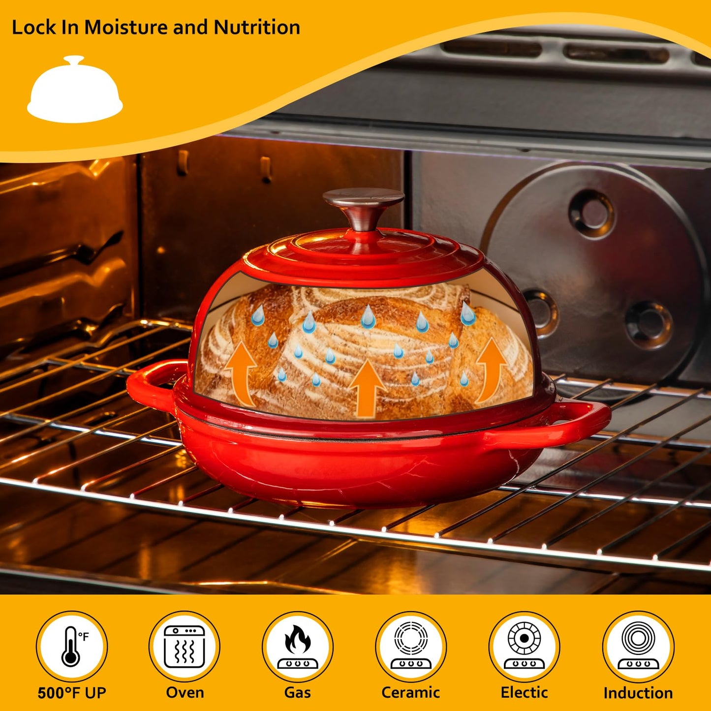 Velaze Enameled Cast Iron Dutch Oven for Bread Baking,5 QT Round Bread Oven Pot with Dome Lid for Sourdough, Roasting,Braising(Red)
