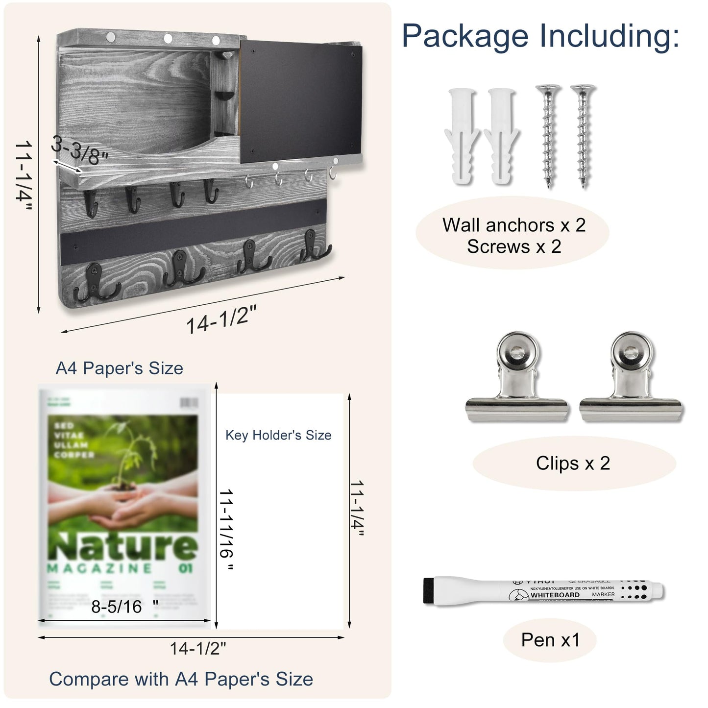 HEKOOLA Farmhouse Key and Mail Holder for Wall Decorative, Mail and Key Organizer for Wall with Different Hooks, Chalkboard, Home Decor with Shelf, Basket, Clips(Pine Wood,Washed Gray)