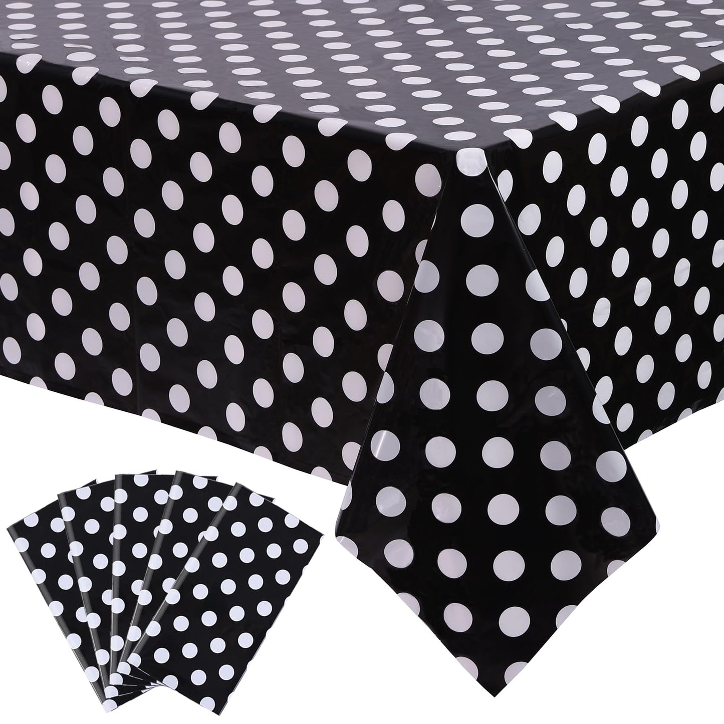 Kesfey 5 Packs Black and White Dots Table Cloth 54x108 Inch Black Polka Dot Mini Mouse Plastic Table Cloth Disposable Black Waterproof Picnic Table Covers for Rectangle Tables Halloween Birthday Party