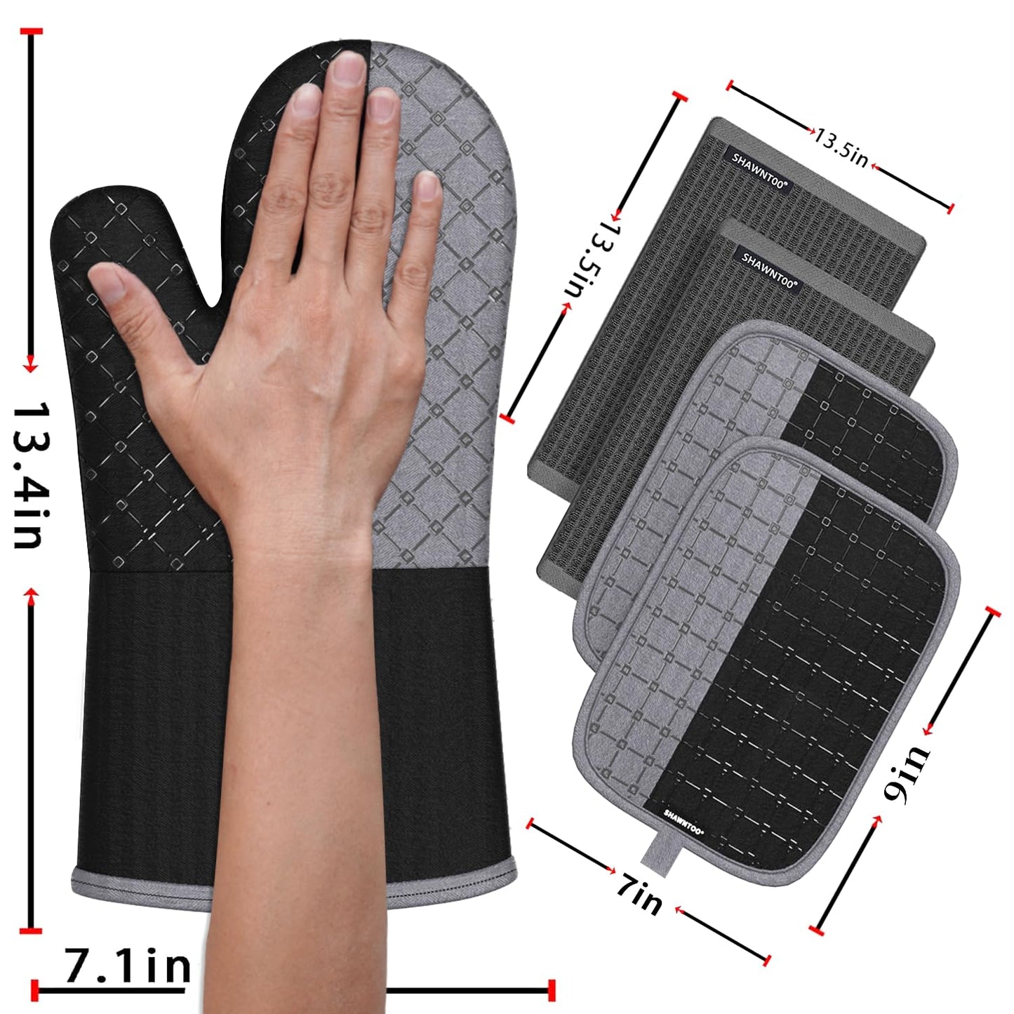 Oven Mitts and Pot Holders Sets 6pcs, Kitchen Oven Glove,High Heat Resistant 550 Degree Extra Long Oven Mitts and Potholders with Non-Slip Silicone Surface for Home Essentials (Grey) (Matte Black)