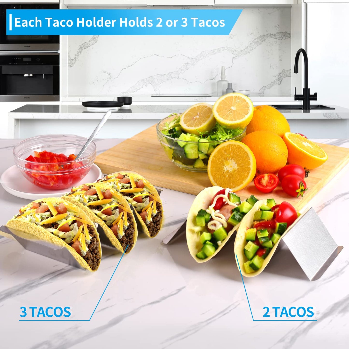 GEIKR Stainless Steel Taco Holders Set of 12 - Each Metal Taco Stands for 3 Tacos - Taco Rack with Handles - Stylish Taco Shell Holders - Oven & Dishwasher & Grill Safe Taco Trays