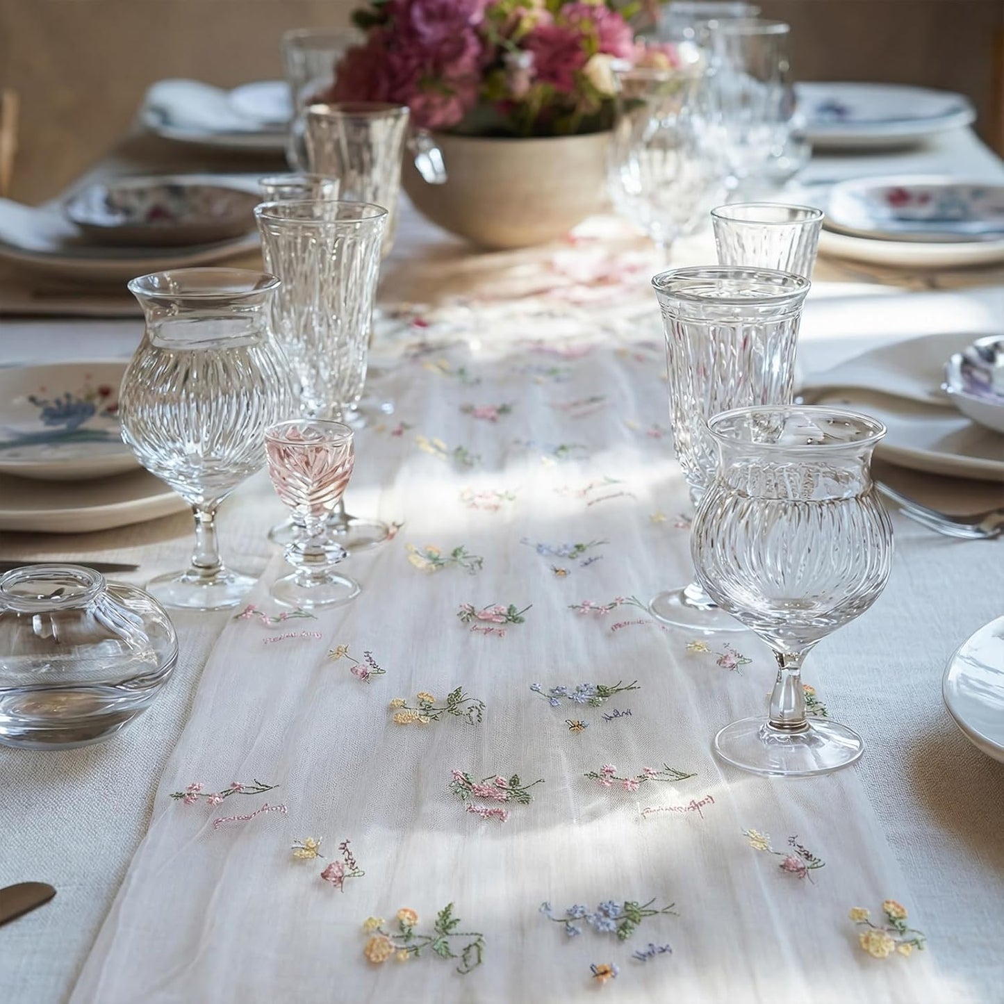 Remagr Floral Table Runner - 9.8 ft Embroidered Tulle for Weddings, Showers & Seasonal Decor