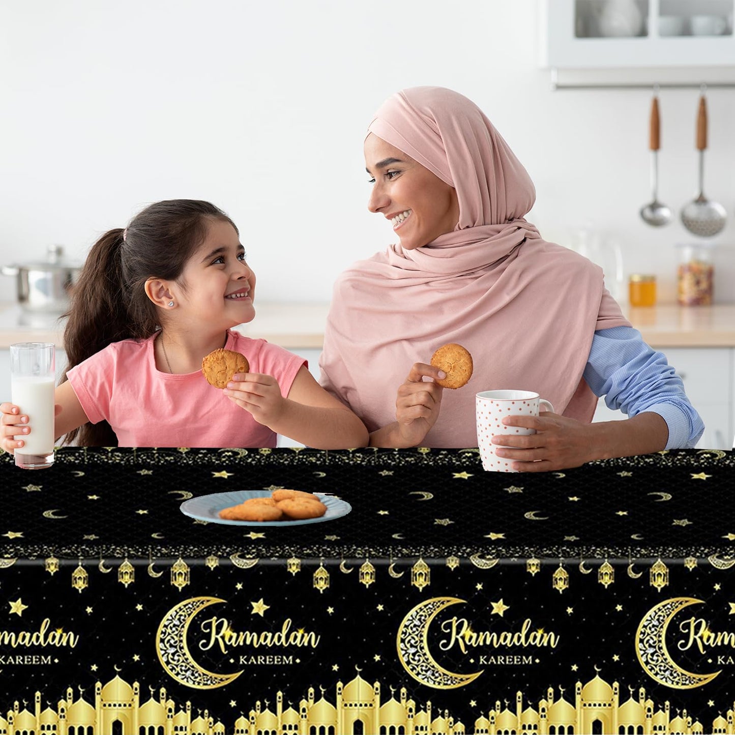 Qpout 3 Pack Ramadan Decorations Ramadan Table Cloth, Black and Gold Ramadan Kareem Table Cover, 54×108 Inch Ramadan Tablecloth, Ramadan Mubarak Table Decorations Eid Decorations, Plastic Disposable