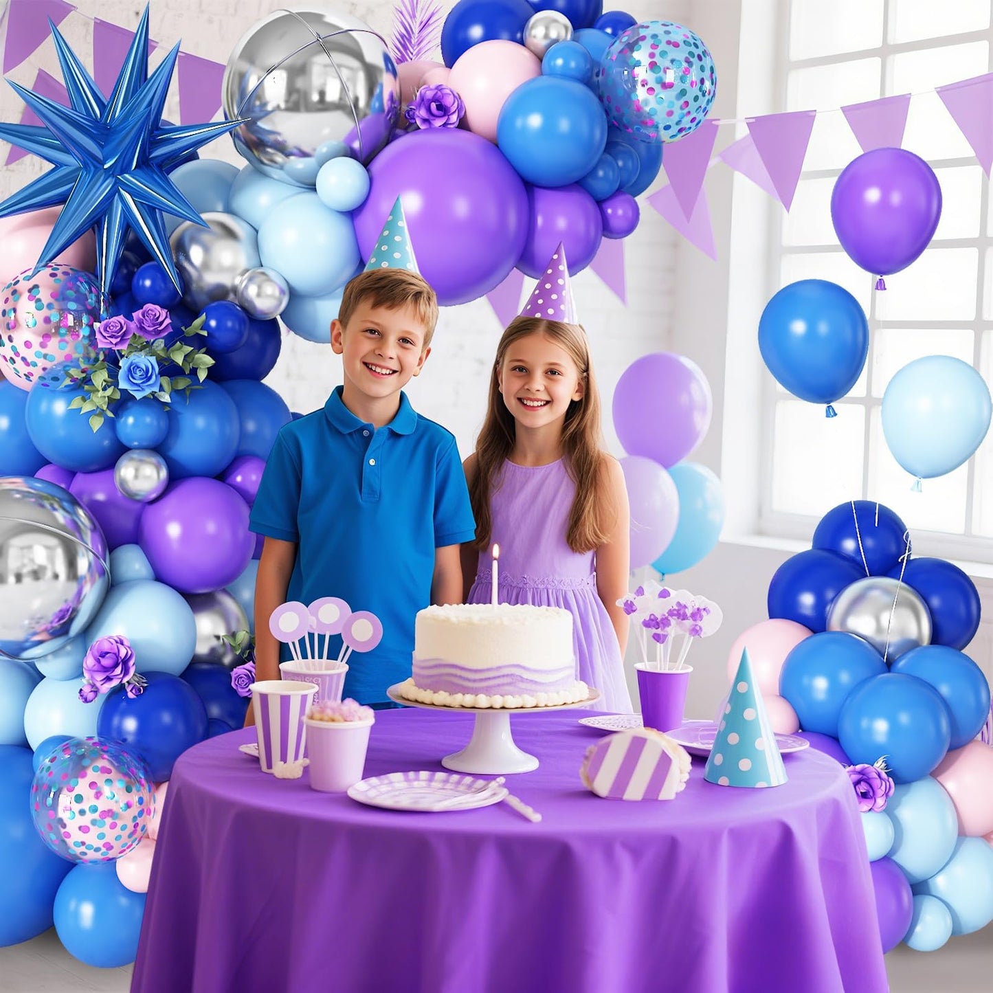 Blue Purple Silver Balloon Arch Garland Kit with Blue Star Foil Balloons Silver 4D Round Balloons for Hawaii Theme Baby Shower Birthday Party Decorations