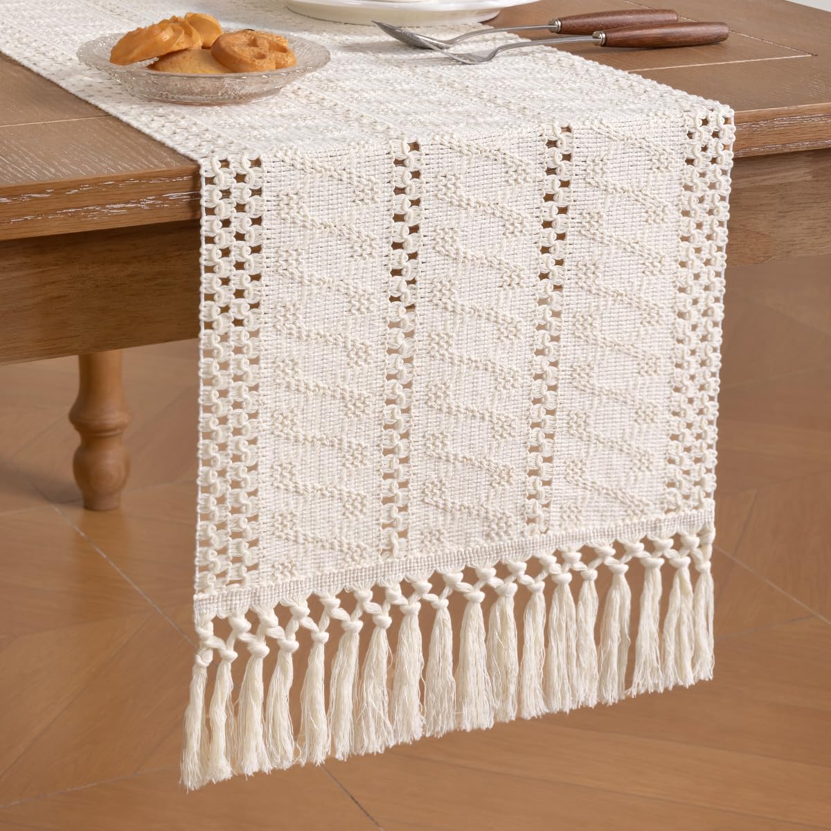 Socomi Boho Table Runner Macrame Long Summer Farmhouse Woven Cotton Linen Rustic Coffee Table Runner with Tassels for Dresser Scarf Home Decor Dining Room 12x108 inch Cream Ivory