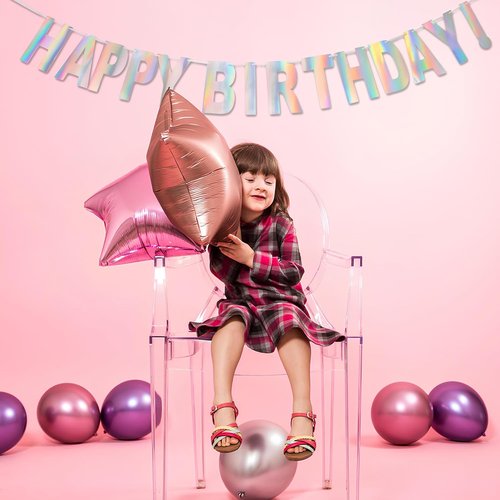 GREATRIL Holographic Happy Birthday Banner - Pre-Strung Iridescent Party Decoration | Colorful Bunting Signs