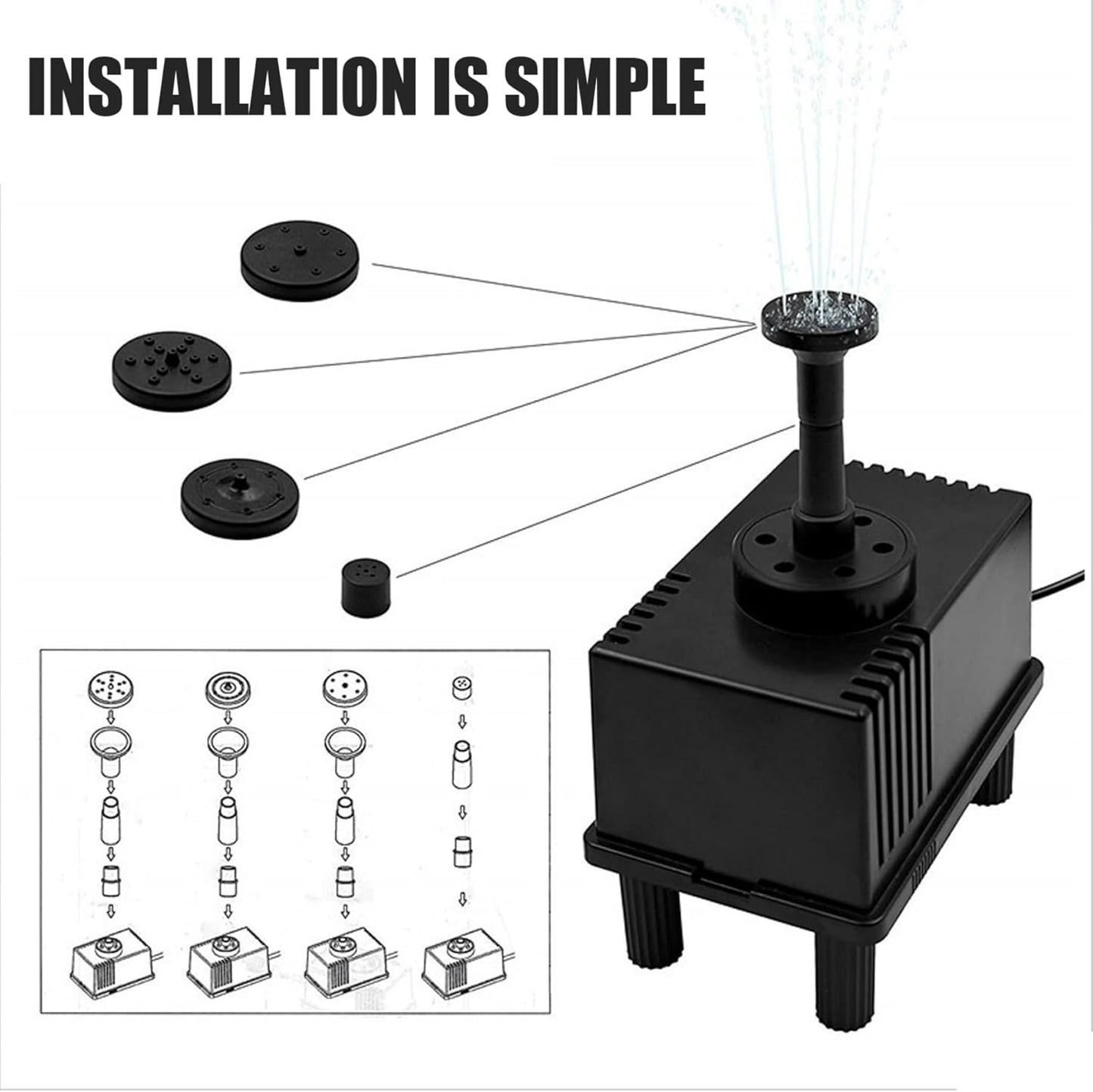 Skiennix Solar Powered Water Fountain - Multiple Spray Heads for Bird Bath & Garden Decor