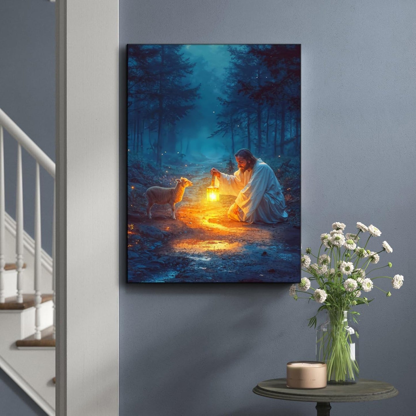 Ploceiny Christian Wall Art | Jesus Running After Lost Lamb Canvas Poster | 16" x 24" Home Decor