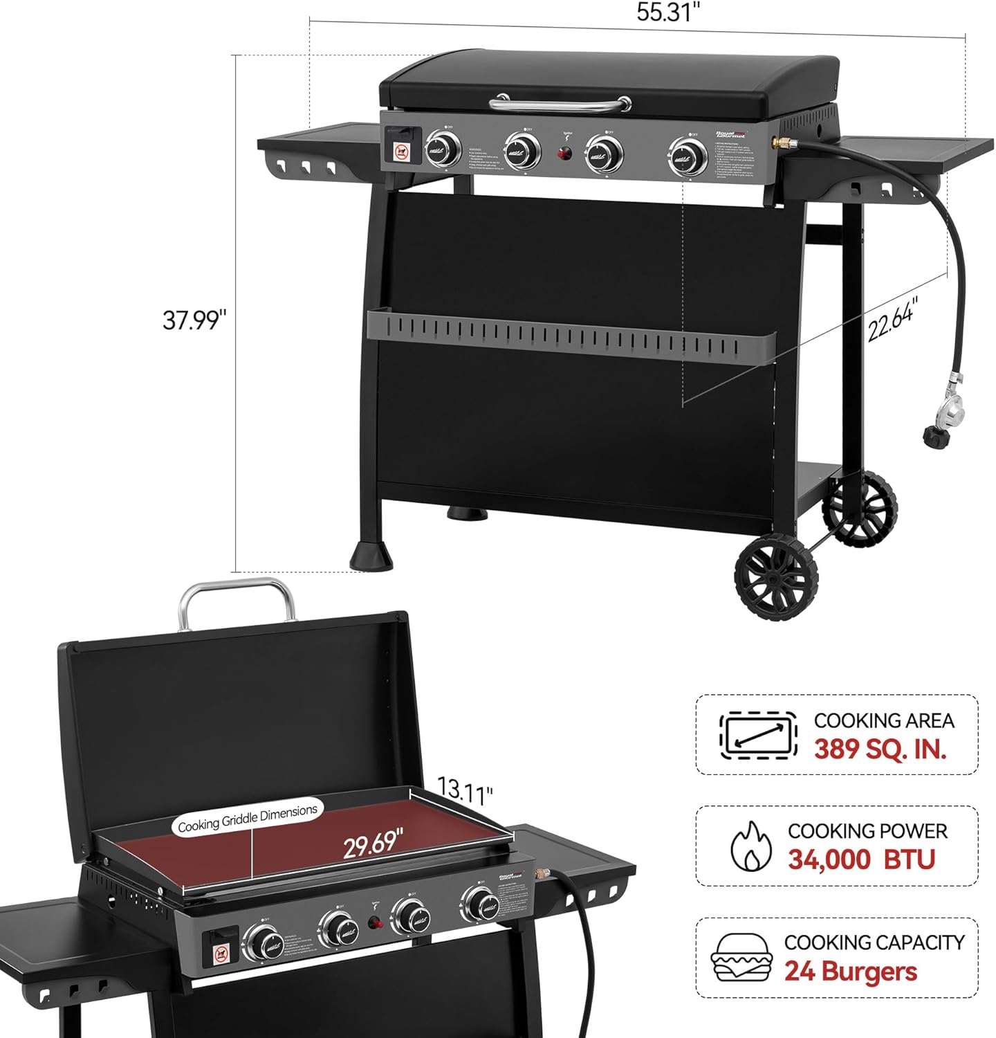 Royal Gourmet PD4001 4-Burner Propane Gas Griddle - Removable Cart & Convertible Tabletop Design | Black
