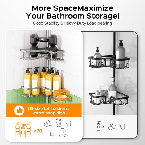 HAMITOR Shower Caddy - 4-Tier Rustproof Bathroom Organizer with Soap Holder & Hooks | Adjustable No-Drill Design - 47-123 Inch
