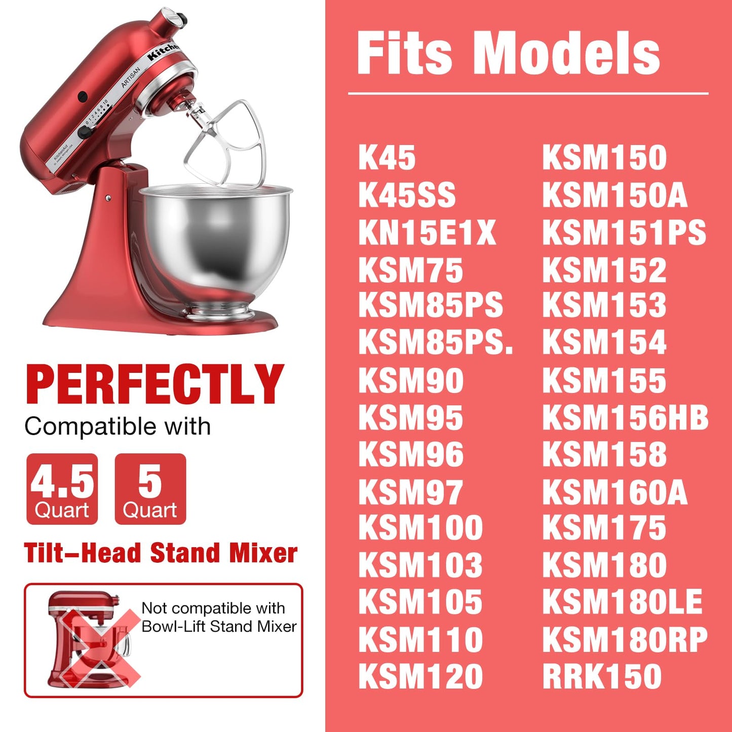 4.5-5QT Stainless Steel Flat Beater for KitchenAid Stand Mixer, Kitchen Aid Paddle Attachment Accessories/No coating/Dishwasher Safe Replacement for K45 KN15E1X KSM75 and Other Models