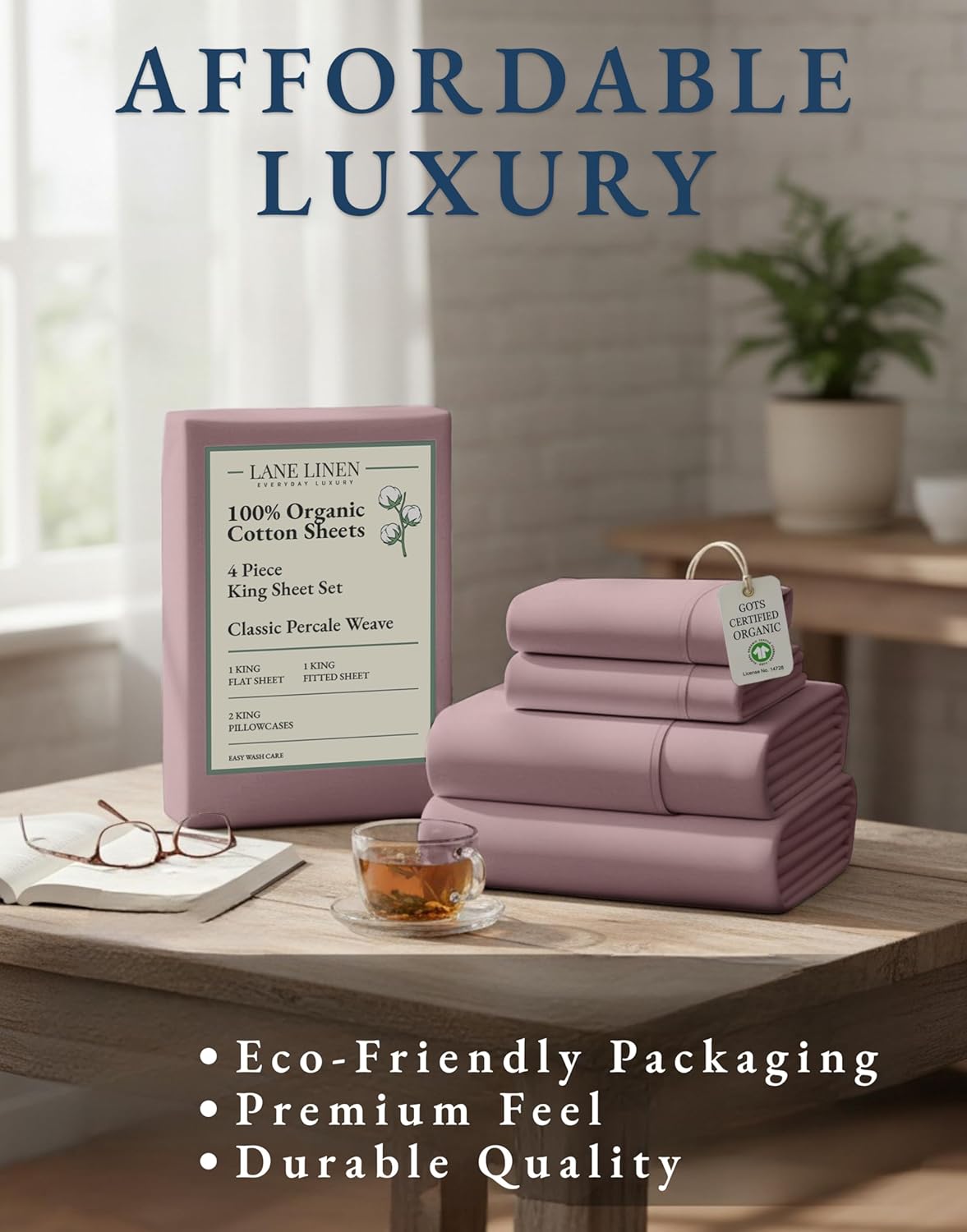 LANE LINEN 100% Organic Cotton King Size Bed Sheets - Luxury Hotel Percale, Oeko-Tex Certified, Soft & Comfy, Available in Lilac