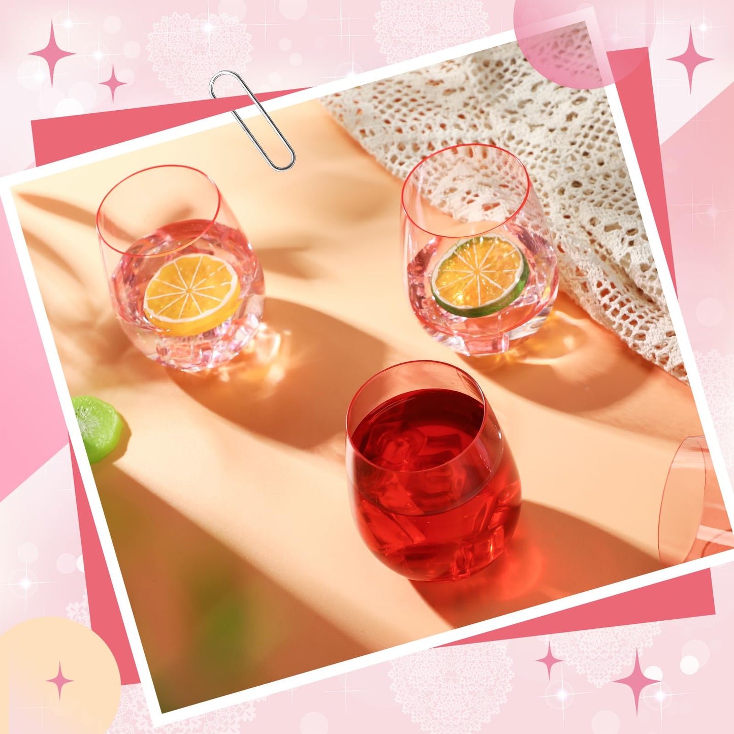 Layhit 32 Pcs Pink Stemless Wine Glasses Plastic Reusable Unbreakable Whiskey Champagne Drinking Glasses Cups for Wedding Anniversary Mother's Day Birthday Party(14 Oz)