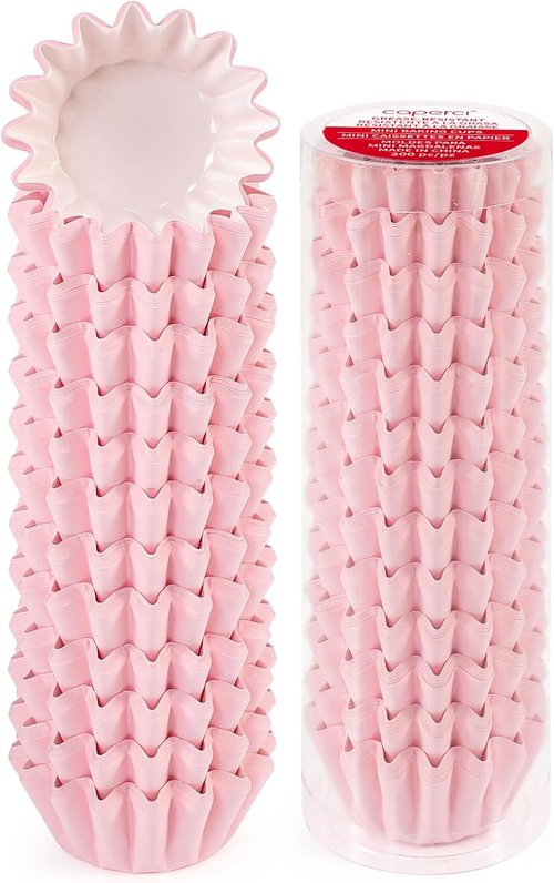 Caperci Pink Mini Cupcake Liners - 200 Count Heavy-Duty Grease-Resistant Baking Cups | Odorless & Easy Peel