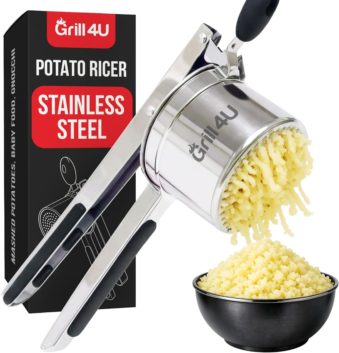 Professional 430 Stainless Steel Potato Ricer by [Brand Name] - 15oz Masher for Fluffy Potatoes, Gnocchi & Baby Food - Ergonomic Non-Slip Handles, Heavy Duty & Dishwasher Safe