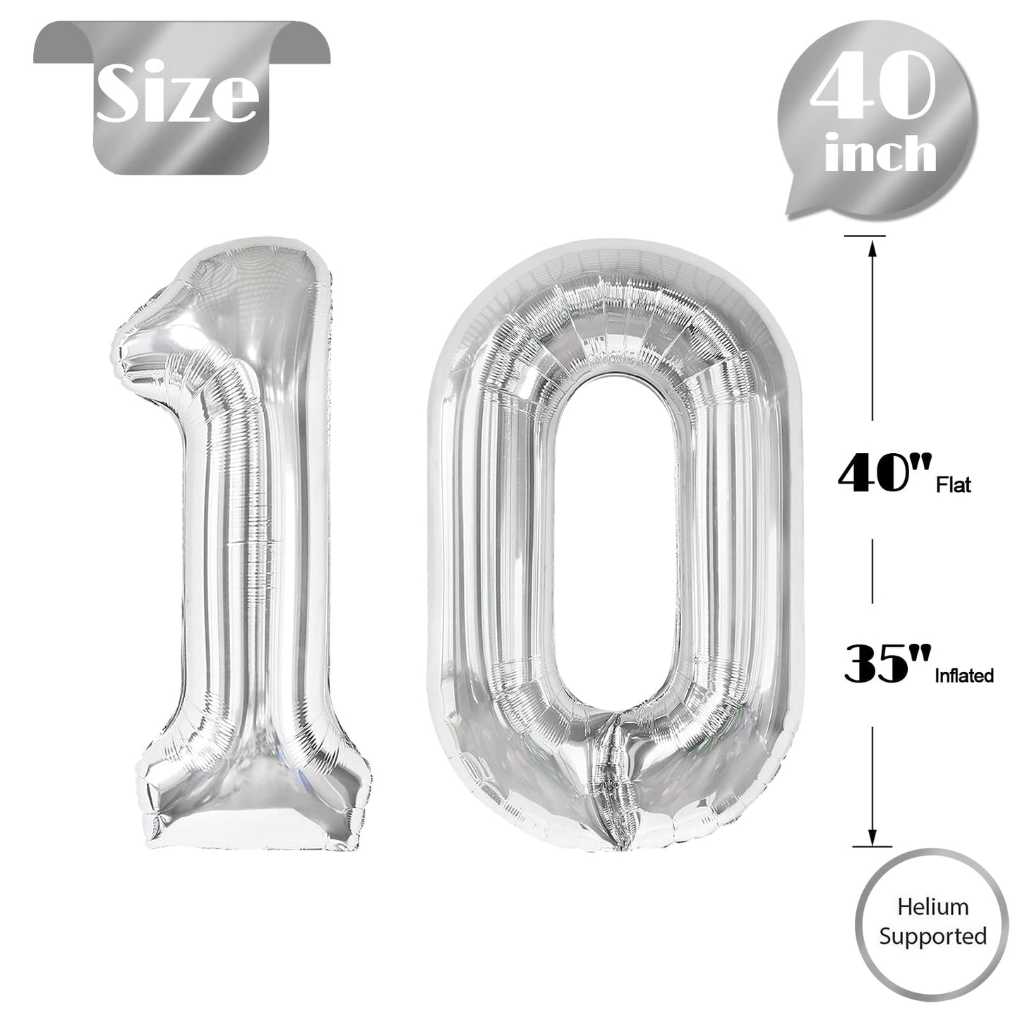 Silver Number 10 Balloon 40 inch, 10 Number Balloons, 10th Silver Birthday Decorations for Girls Boys Kids, 10 Year Old Silver Party Supplies