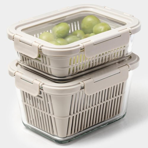 GENICOOK Glass Produce Storage Containers - Airtight 2-Pack for Fruits & Vegetables | BPA-Free Borosilicate Glass with Colanders
