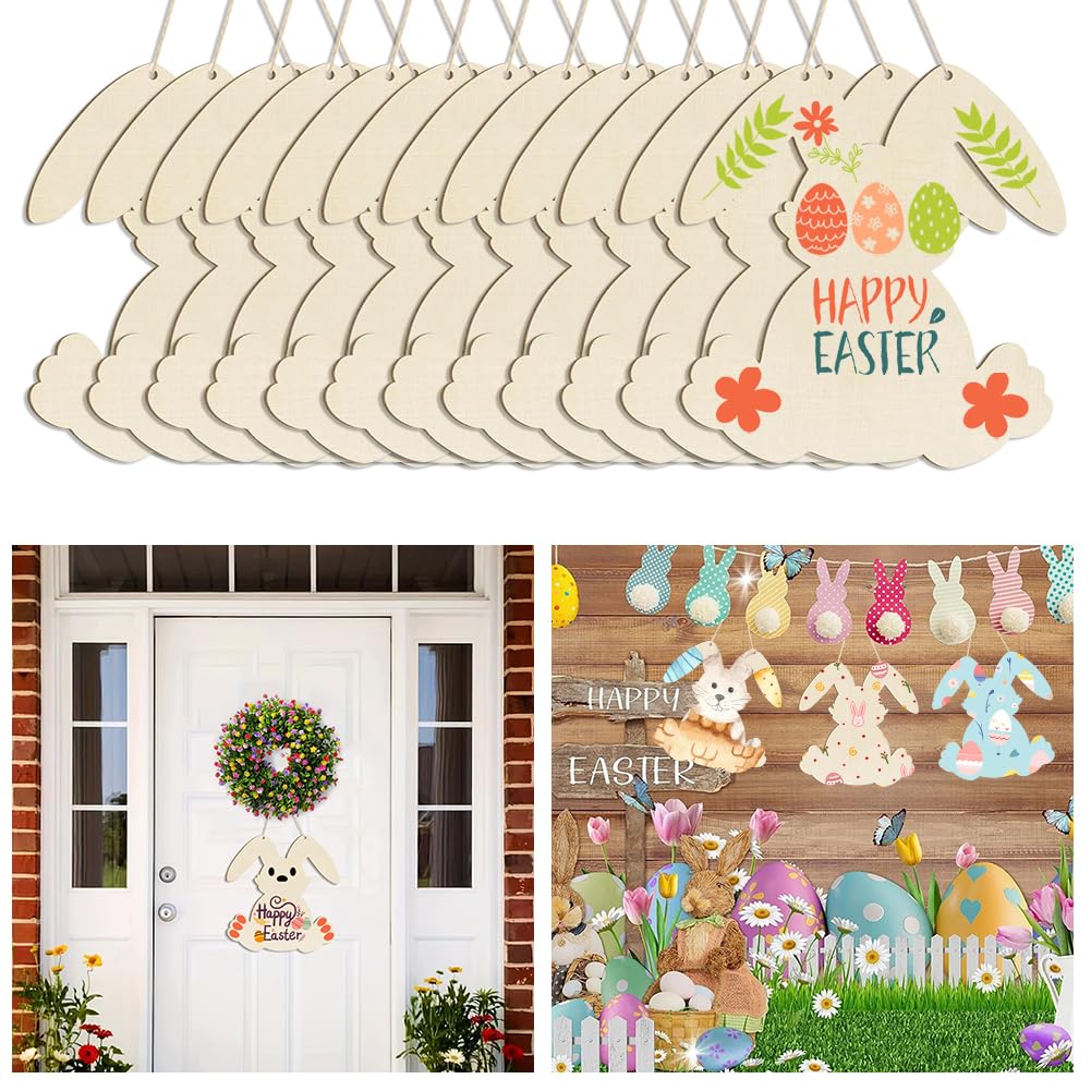 12 Pack Large Size 11" Wooden Easter Ornaments to Paint, Happy Easter Cutouts DIY Blank Bunny Unfinished Wooden Rabbit Discs for Home Crafts Hanging Spring Decoration