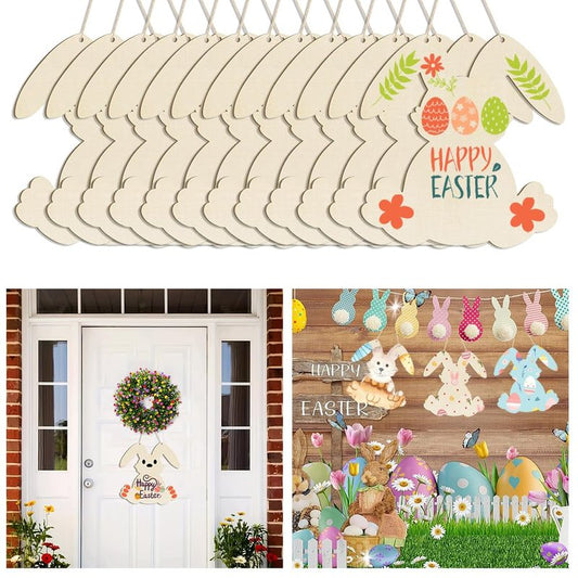12 Pack Large Size 11" Wooden Easter Ornaments to Paint, Happy Easter Cutouts DIY Blank Bunny Unfinished Wooden Rabbit Discs for Home Crafts Hanging Spring Decoration