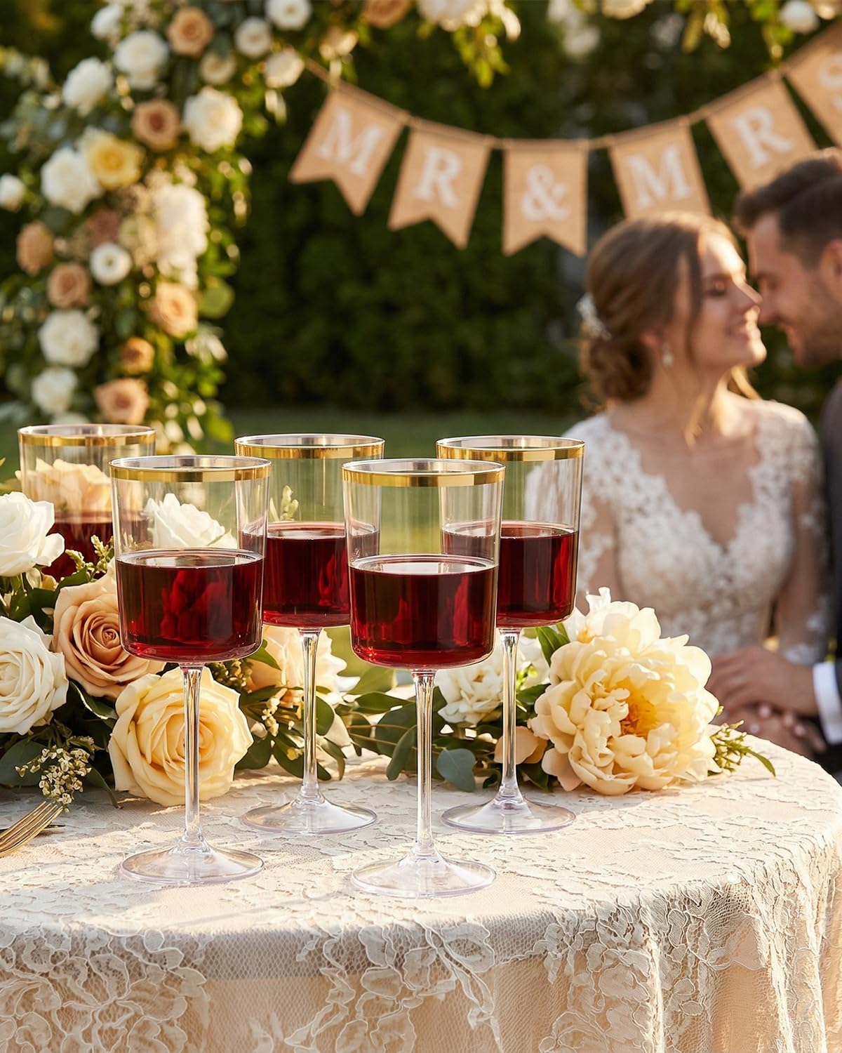 Ciaell 12 Pack 10 Oz Clear Plastic Wine Glasses with Red Stem - Disposable Cocktail Goblets Perfect for Parties & Weddings & Poolside & Outdoors & Camping & Party