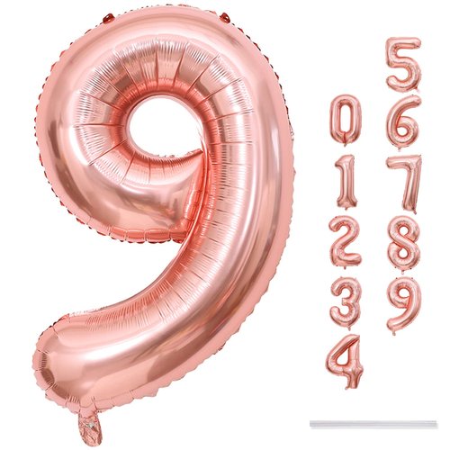 40 Inch Rose Gold Large Numbers Balloons 0-9, Self Inflating Foil Number 9 Helium Balloons for 9th Girls, Big Digit 9 Balloons for Women Birthday Party Anniversary Graduation Supplies Decorations