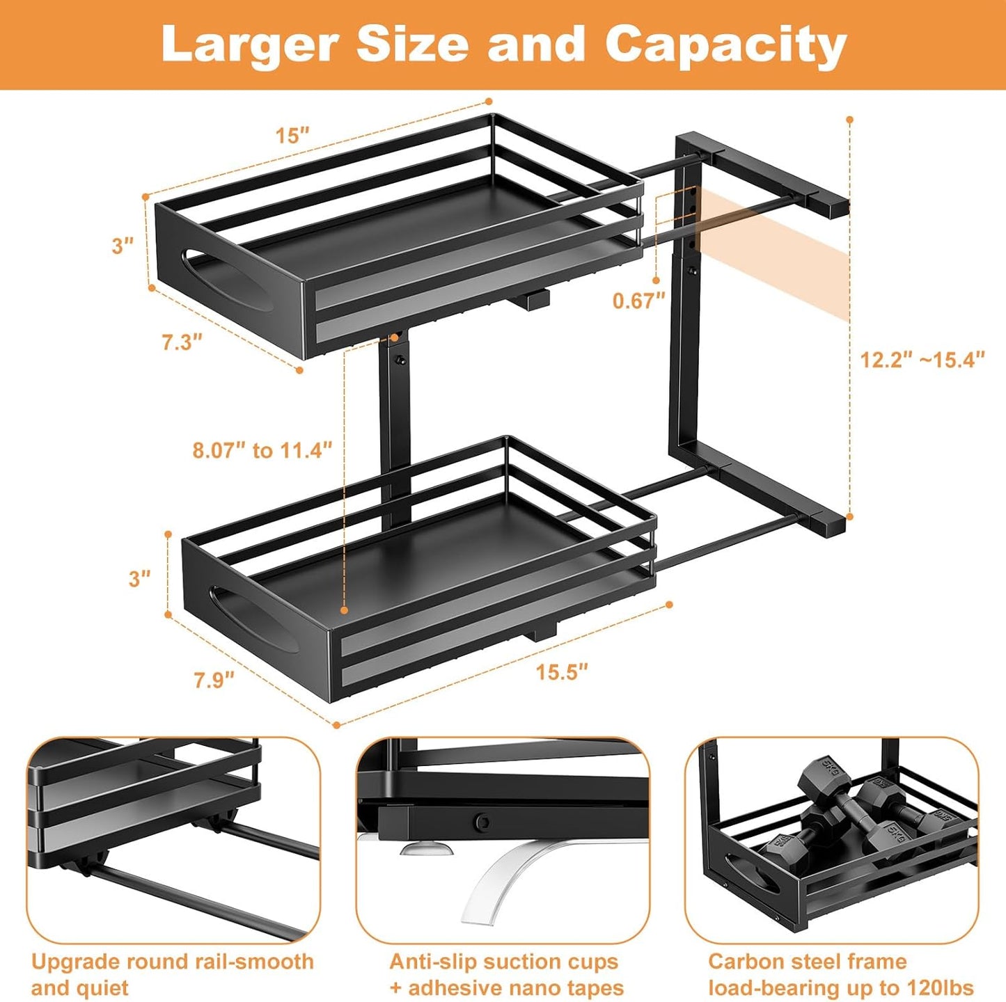 Mixeshop Under Sink Organizer - 2-Tier Adjustable Storage Solution | Slide-Out Metal Cabinet Drawer (Black)