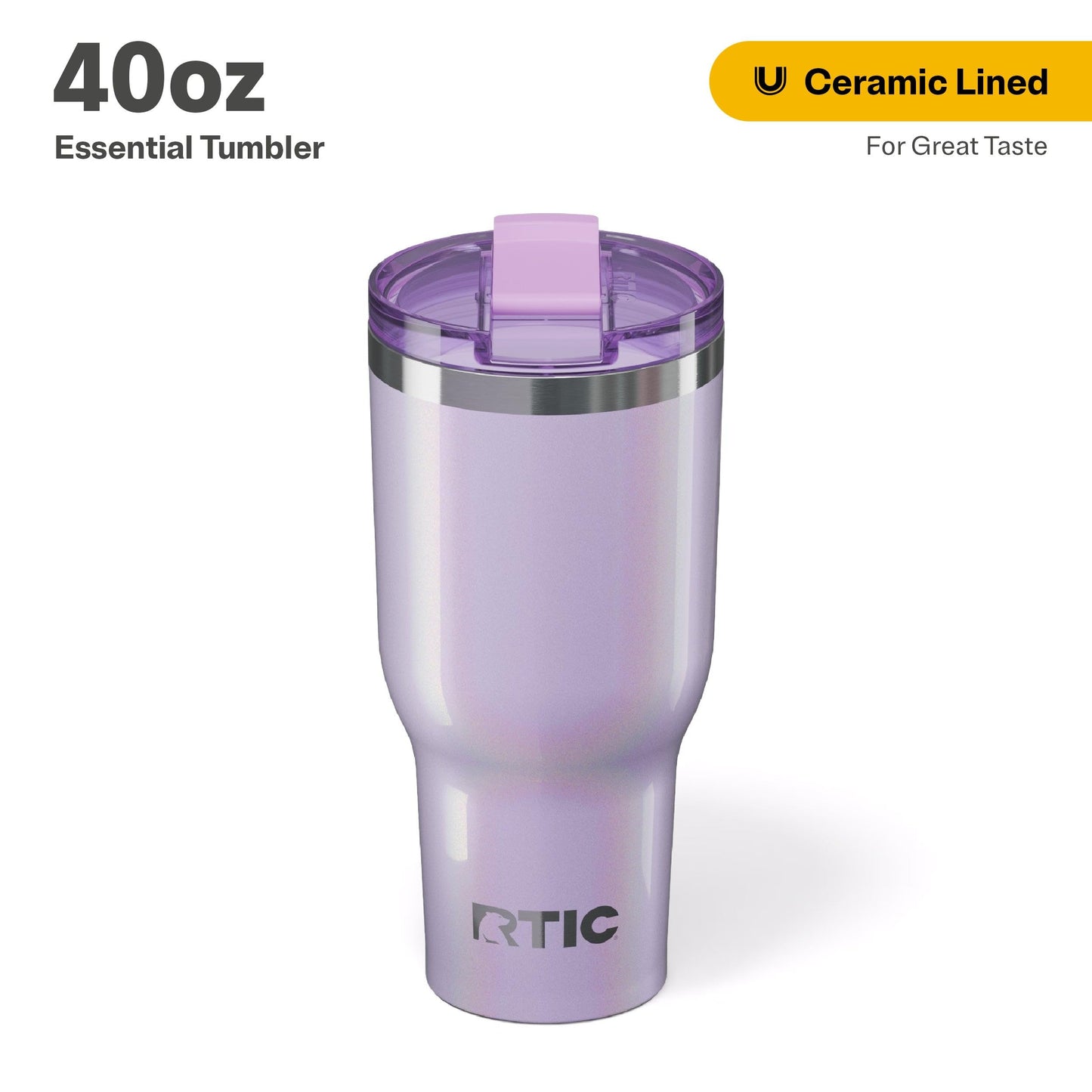 RTIC 40oz Essential Tumbler with Lid, Ceramic Lined, Insulated, Stainless Steel, Metal, Double Wall Vacuum-Insulation, Travel Cup for Iced Coffee, Tea, Hot and Cold Drink, Lavender Glitter