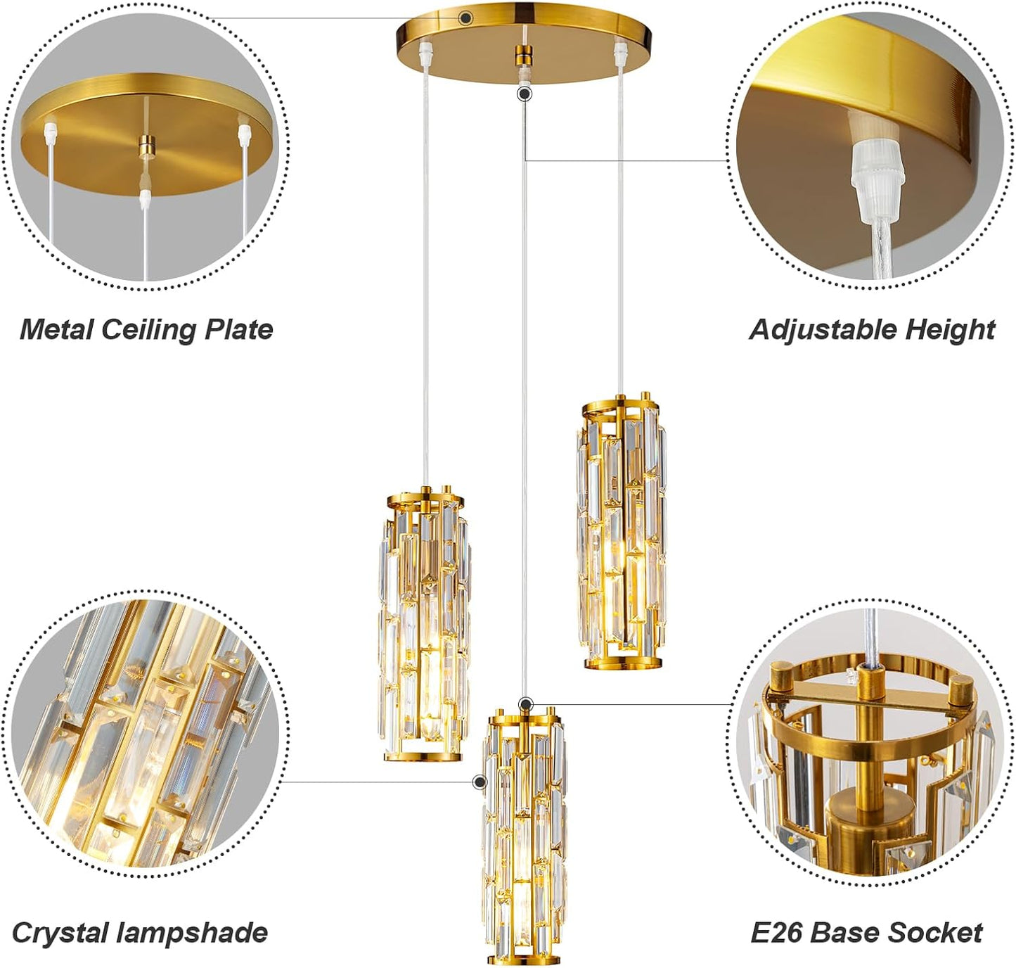 Pendant Lights Modern Pendant Lights Kitchen Island Gold Pendant Light Fixture Mini Crystal Chandelier Lighting for Kitchen Island Dinning Room Bedroom Sink (Gold 3-Light)