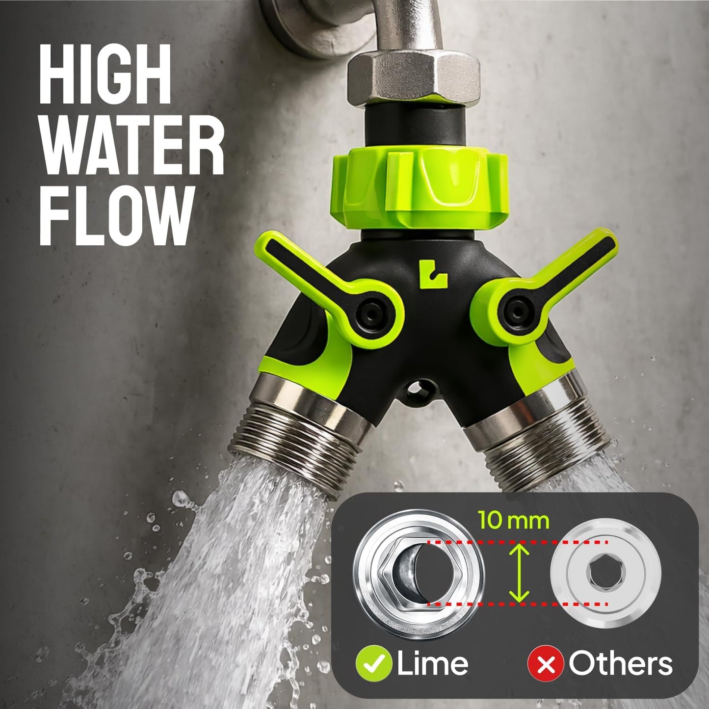 LIME Heavy Duty 2-Way Hose Splitter - Metal Y Connector with Shutoff Valves | 3/4 Inch GHT Adapter