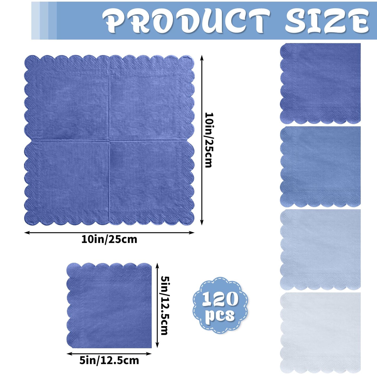 Xiangqu 120 Pack Dusty Blue Napkins, 5 x 5 Inch Boy Baby Shower Napkins Gradient Blue Cocktail Napkins Scalloped Napkins Beverage Napkins for Dinner Wedding Baby Shower Bridal Anniversary Reception
