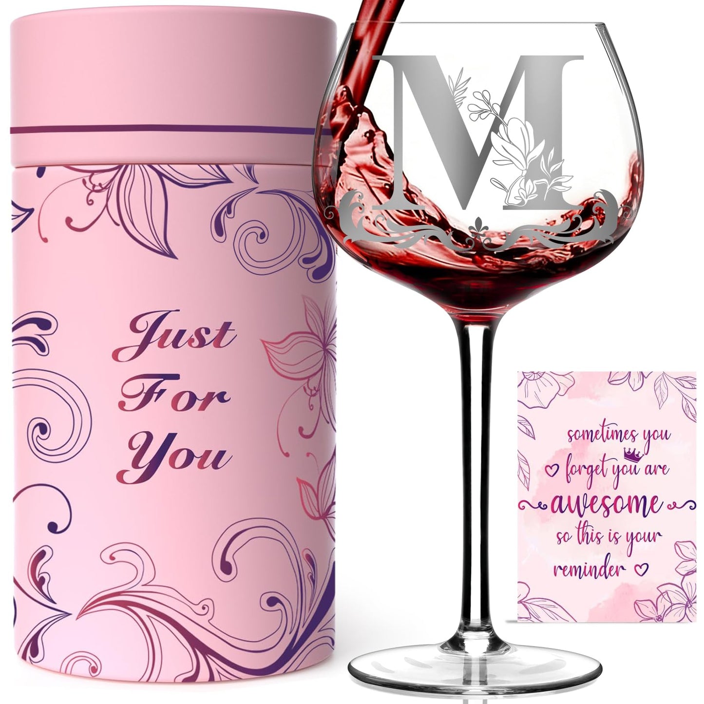 Mothers Day Gifts for Mom, Grandma, Wife - Personalized Initial A-Z Wine Glass Gifs for Women - Unique Birthday Gift for Her, Sister, Best Friend - 16oz Elegant Custom Monogram Glass (Letter M)