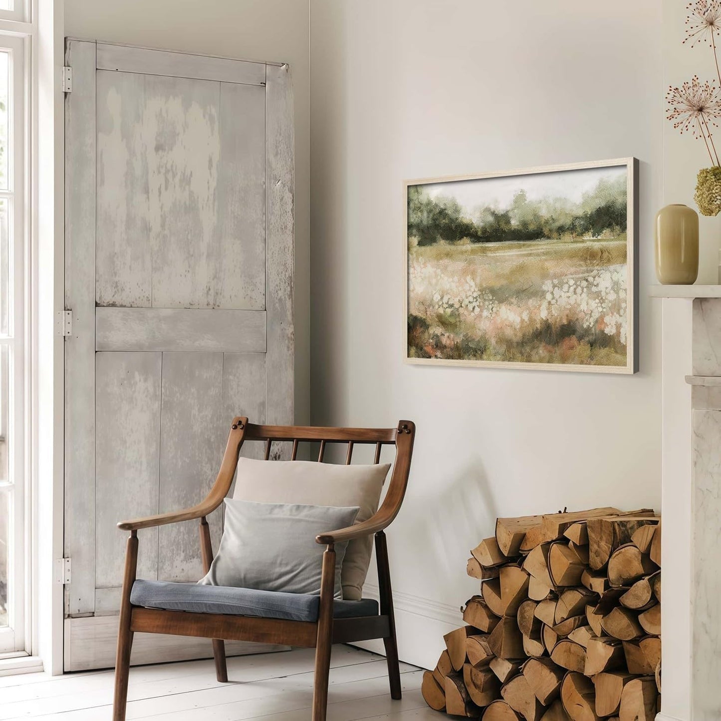 Skiennix Framed Canvas Wall Art - Rustic Field Landscape Print | Vintage Country Nature Picture 12x16 Inch