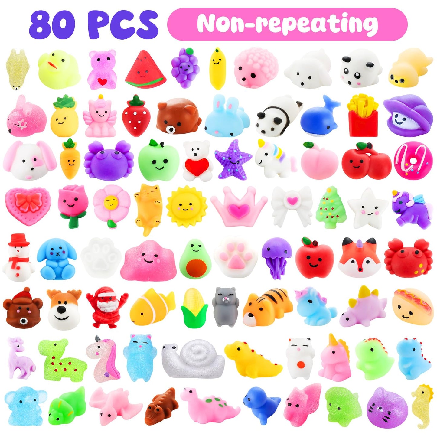 Zefy 80 Pcs Mochi Squishy Toys with Cards, Squishy Fidget Toys Valentine Party Favors for Kids 4-12, Classroom Prizes Treasure Box for Pinata Stuffers Goodie Bags Easter Basket Birthday Gifts