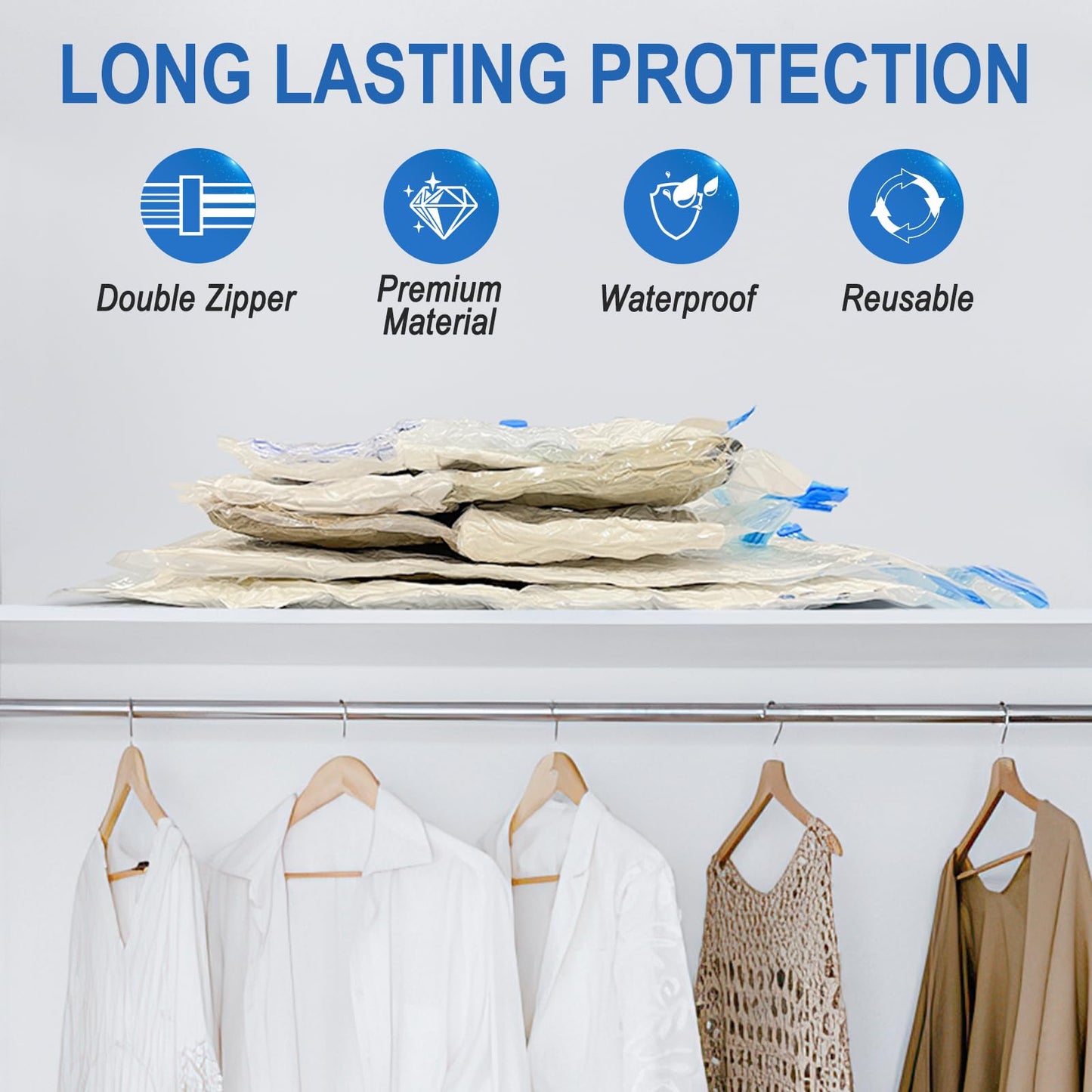 Fygrip Vacuum Storage Bags with Hand Pump, Plastic Packaging Bags, 80% Space Saver Vacuum Seal Bags for Clothing, Travel Lugggage, Blankets, Comforters, 10 Large