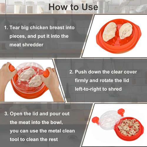 Chicken Shredder Large Chicken Breast Shredder Tool Twist with Brush, Eco Friendly, Visible Meat Shredder, Anti-Slip Strip, Ergonomic Handle, BPA Free, Suitable for Chicken Beef (Orange)