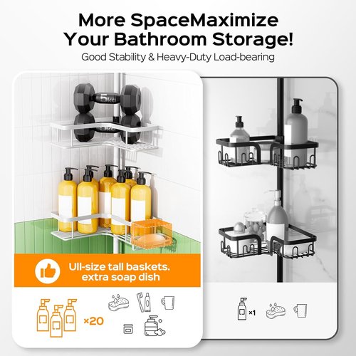 HAMITOR Corner Shower Caddy - 4-Tier Rustproof Bathroom Organizer with Soap Holder & Hooks | Adjustable Tension Pole 47-123 Inch