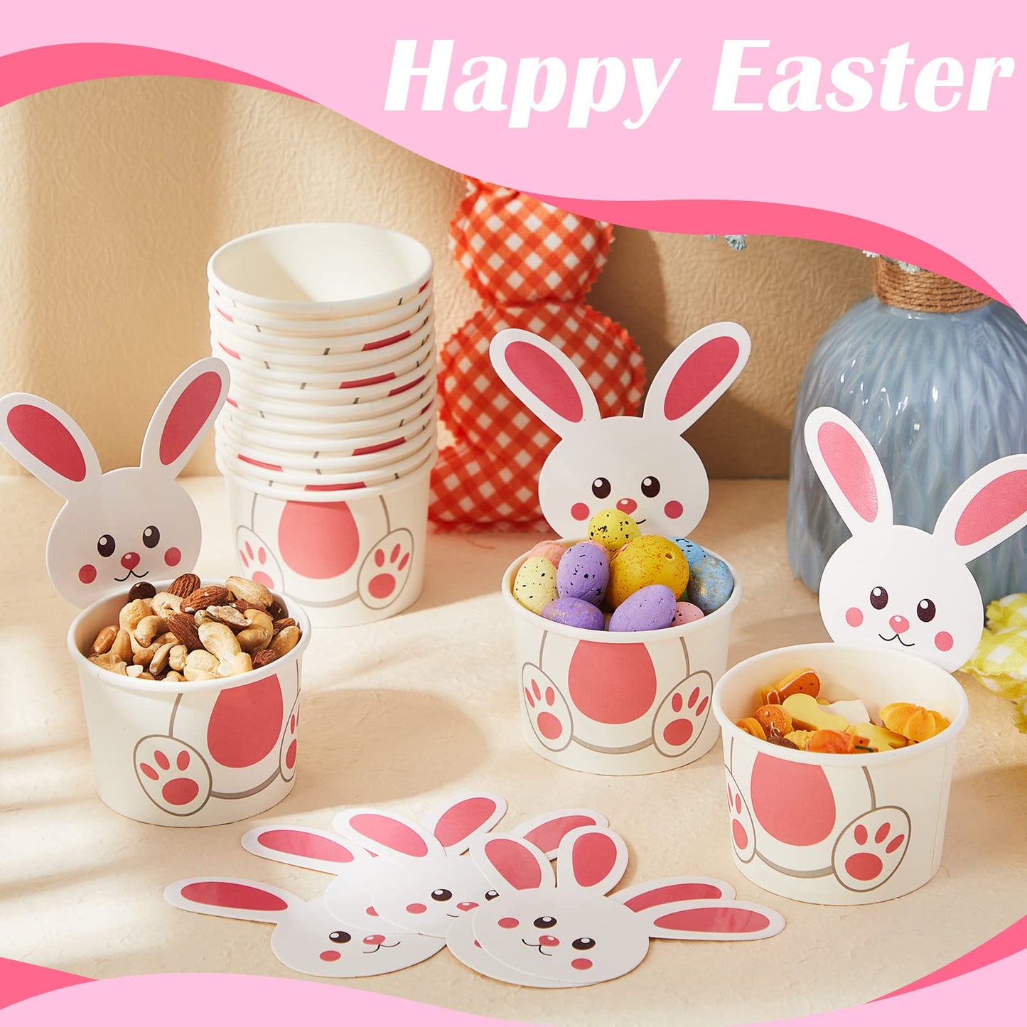 Suclain 24 Pack Easter Bunny Snack Cups 8 oz Easter Party Paper Treat Bowls Disposable Bunny Dessert Cups Small Holiday Kids Party Cups for Party Favors Decorations Supplies
