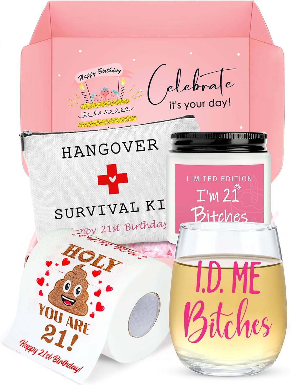 Skiennix 21st Birthday Gifts for Her | Unique & Funny 21-Year-Old Gift Set - Wine Glass, Candle & Makeup Bag