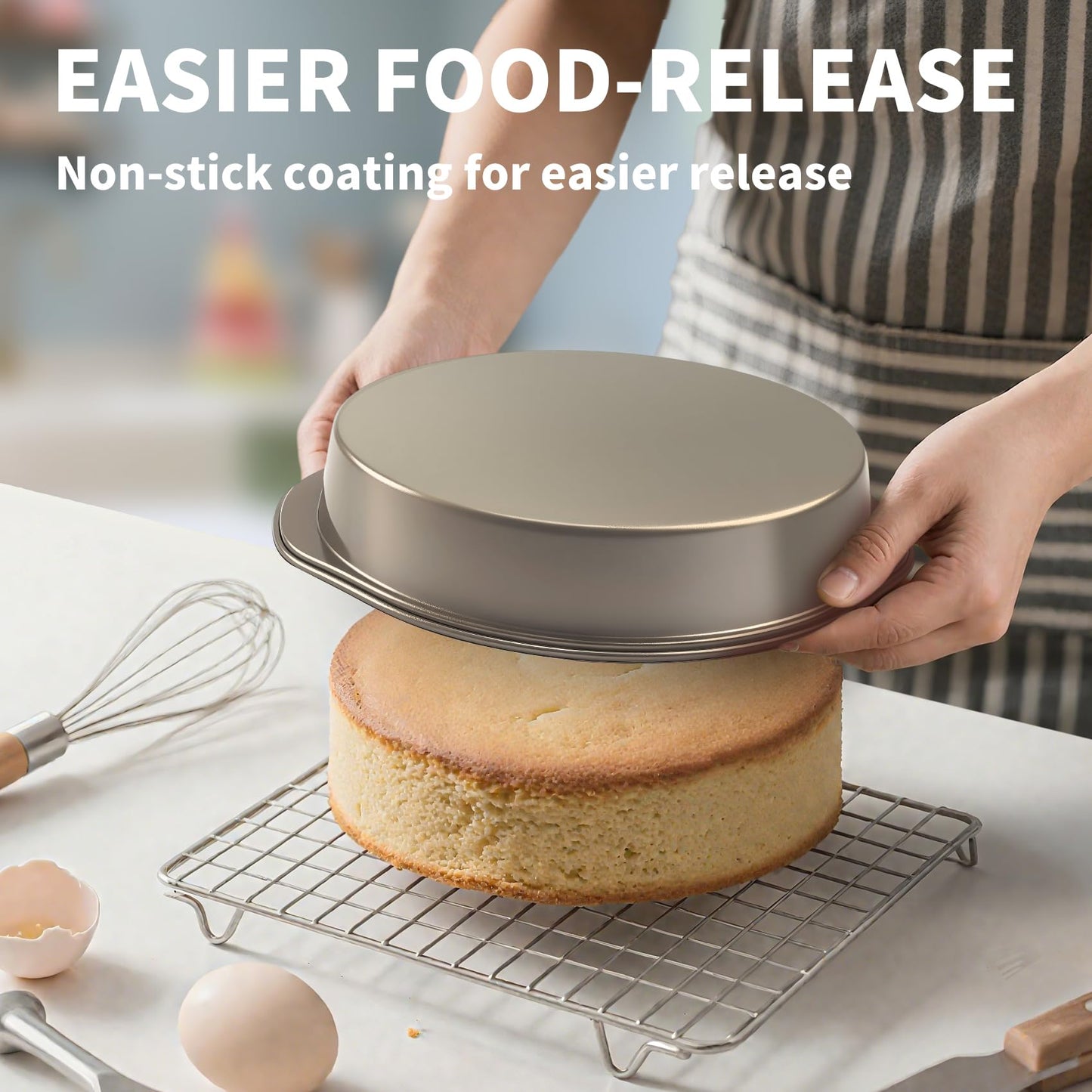 8 Inch Cake Pans, 3PCS Nonstick Round Baking Pans with 50PCS Parchment Papers, Durable Birthday Circle Cake Baking Pan with Handle for Multi-Layer Cakes, Dishwasher Safe (Gold, 8 inch)