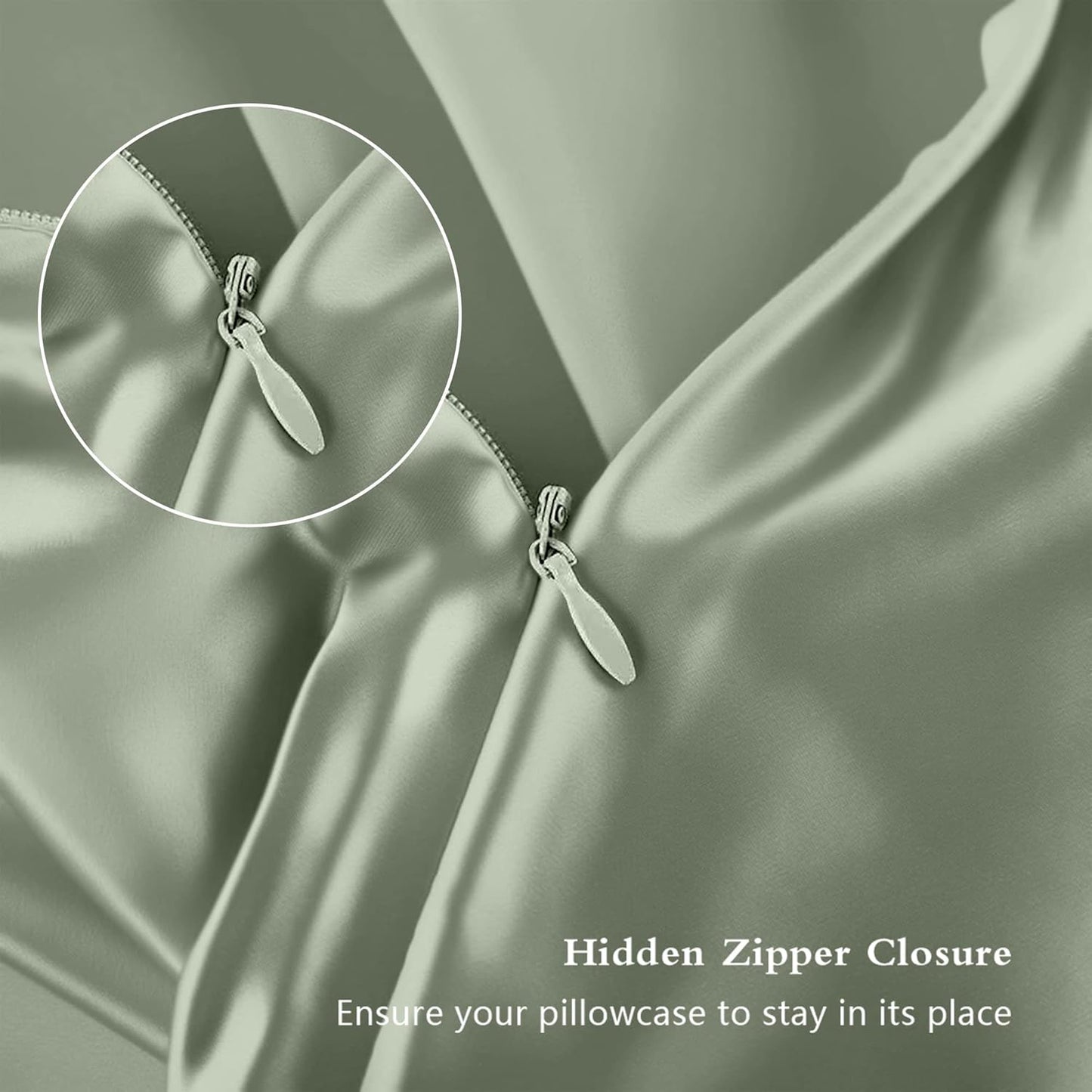 Mulberry Silk Pillowcase by Skiennix - Anti-Acne Cooling Queen Size Satin | Sage Green, Hidden Zipper