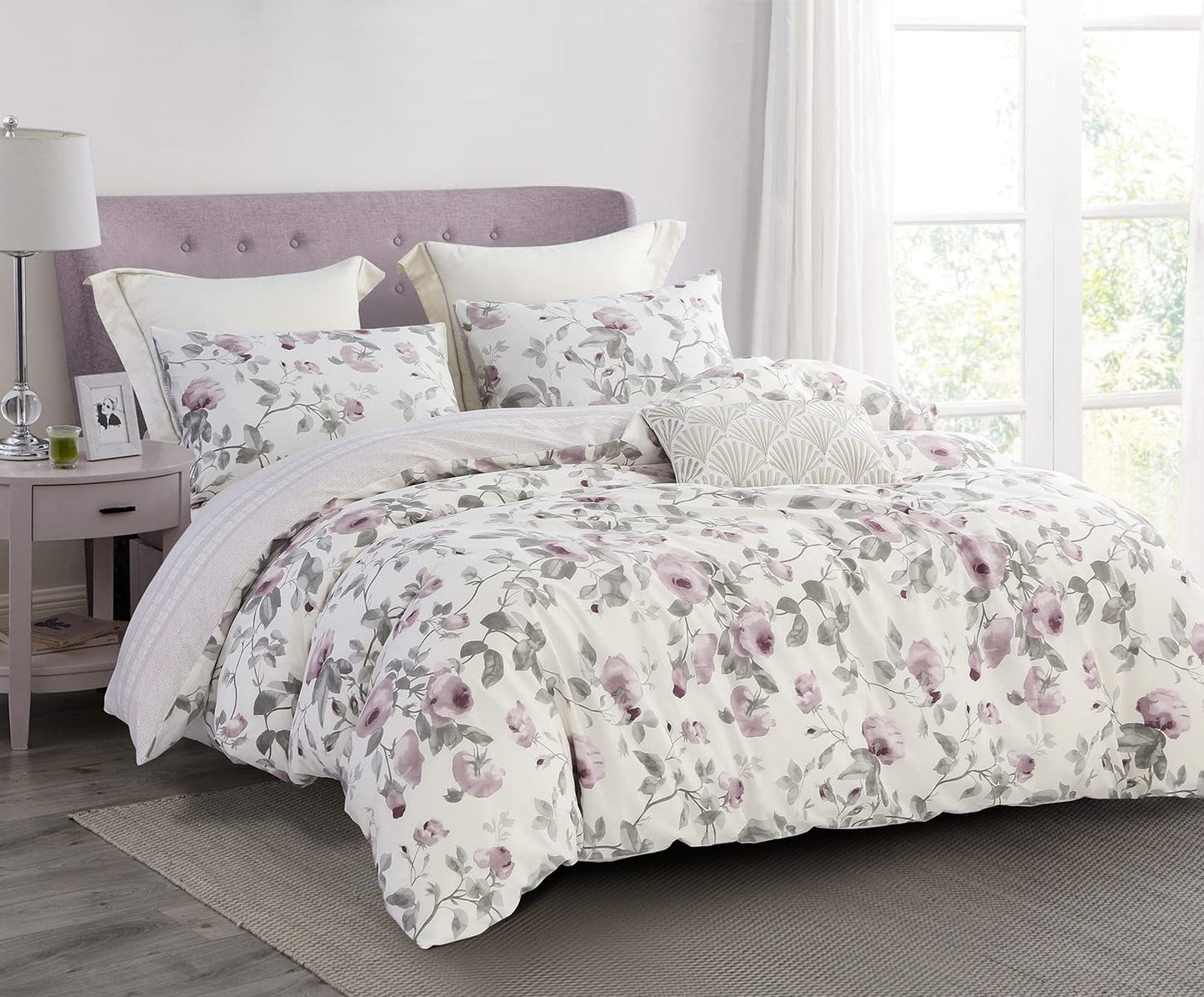 SLEEPBELLA Comforter Twin Size, 600 Thread Count Cotton White Print with Purple Flowers Reversible Comforter Sets, Down Alternative Bedding Set 2Pcs(Twin, Purple Floral)