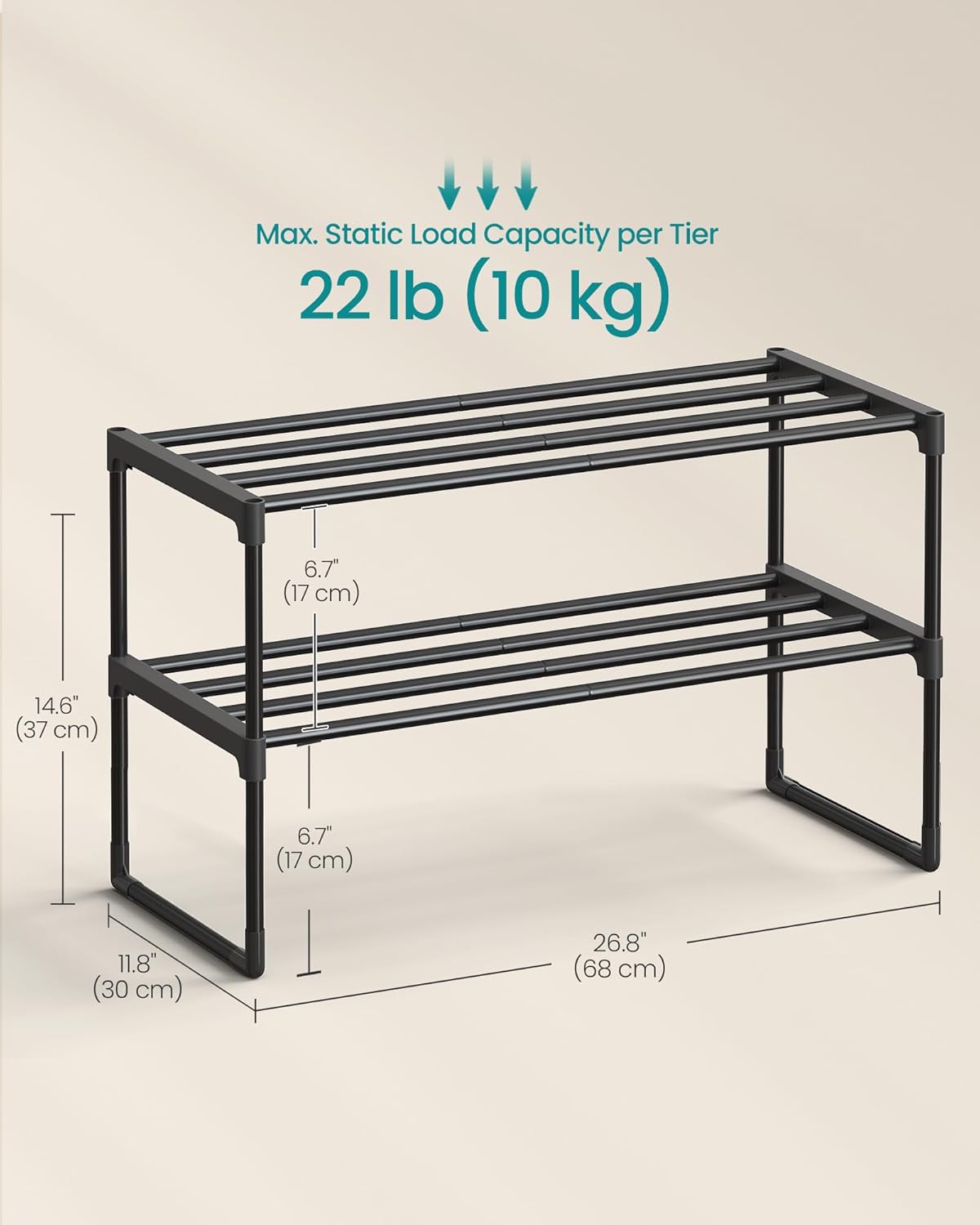 SONGMICS 2-Tier Shoe Rack - Stackable Metal Organizer for 6-9 Pairs | Entryway Storage, Black 11.8 x 26.8 x 14.6 Inches