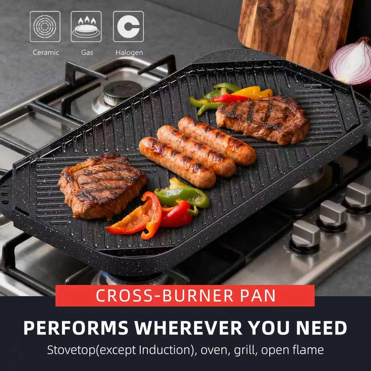 Caannasweis Nonstick Griddle Grill Pan, 19.5" x 11" Reversible Griddle Pan for Stove Top, Grill, or Campfire, Two Burner Cast Aluminum Grill, Rectangular Baking Flat and Ribbed Griddle Plate