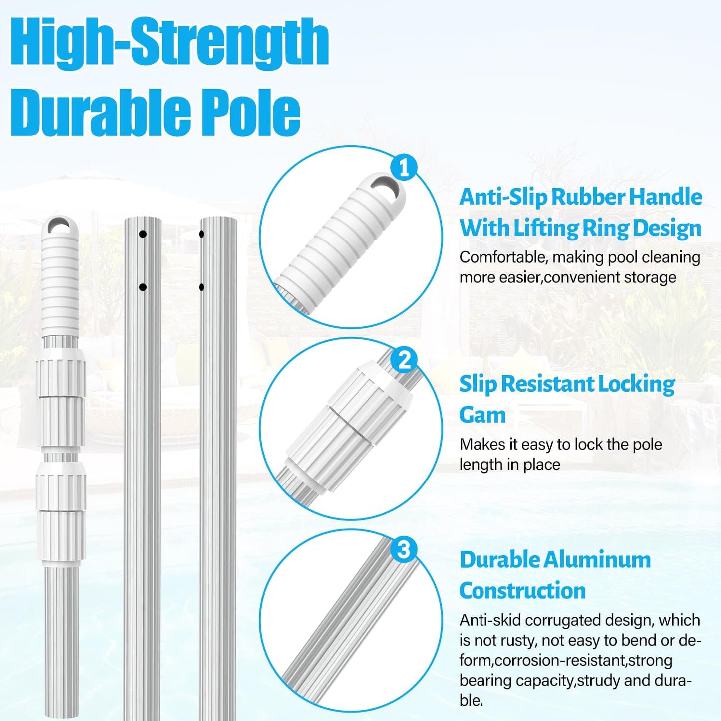 YEECHUN 15-Foot Telescopic Aluminum Swimming Pool Pole - Heavy Duty for Skimmer Nets & Brushes
