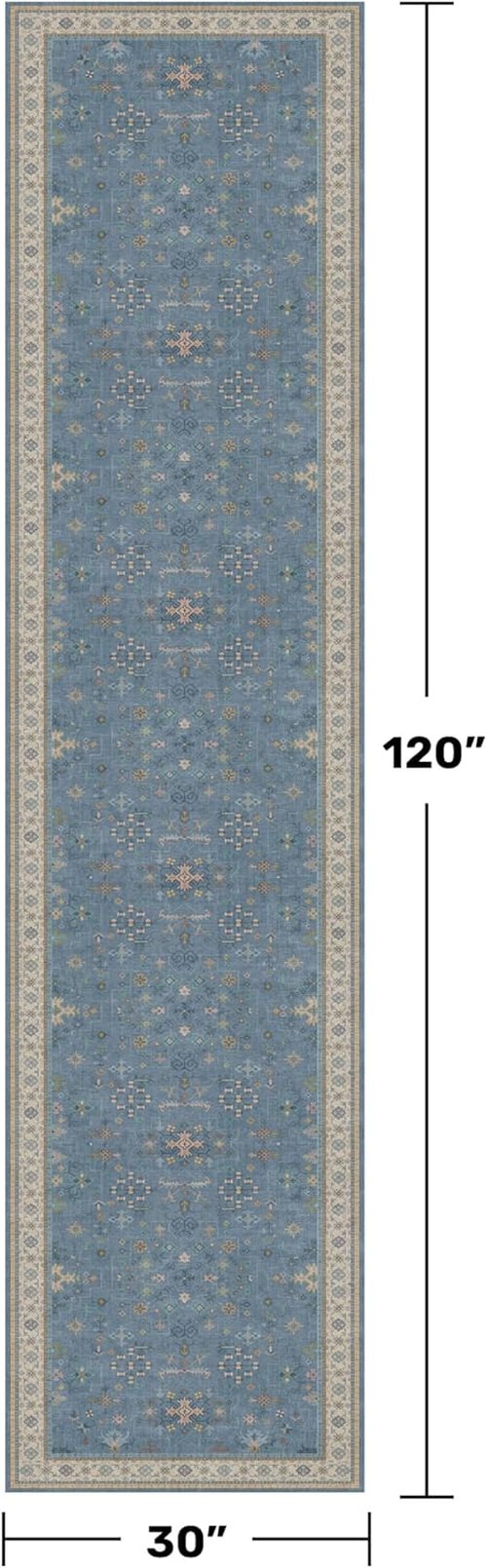 Boho 2'6" x 10' Wide Runner Rug - Light Blue Washable Non-Slip Entryway Rug for Hallway Décor